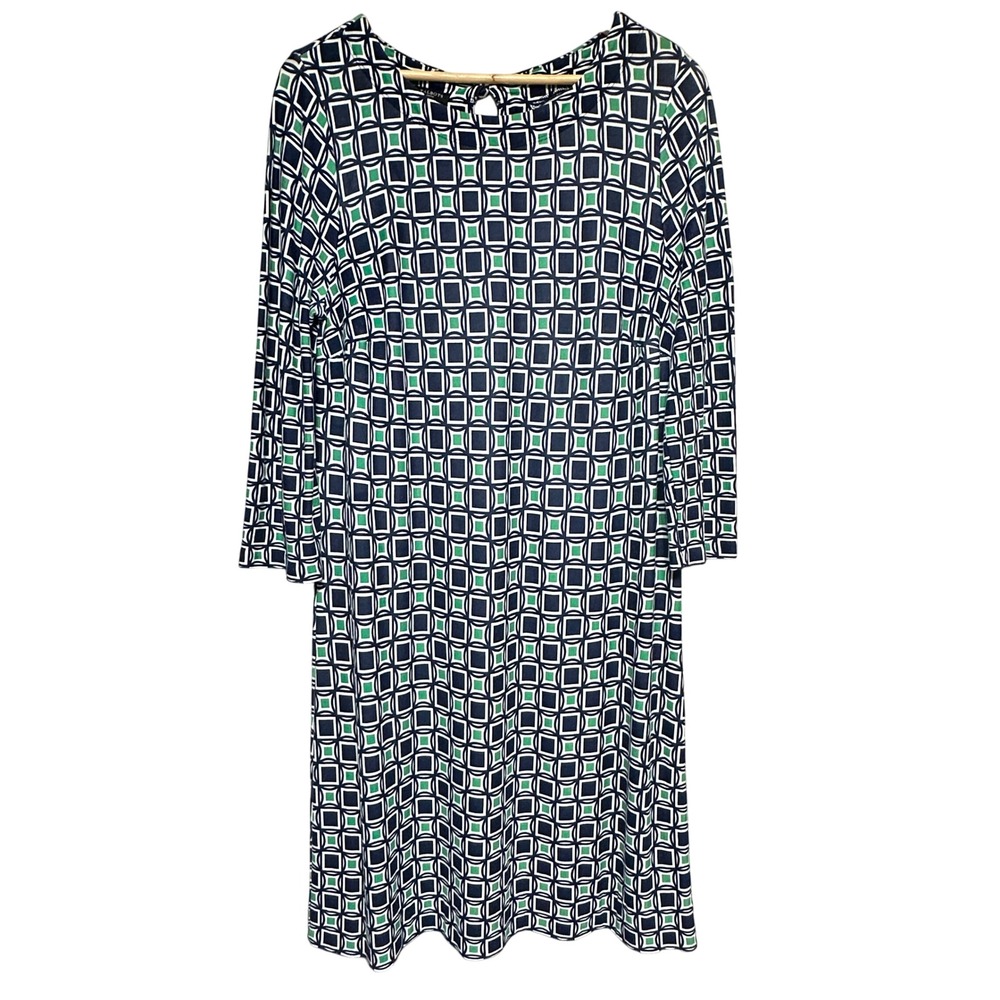 Talbots Women's Knit Midi Dress 12P Green Navy Geometric Print 3/4 Sleeve Preppy